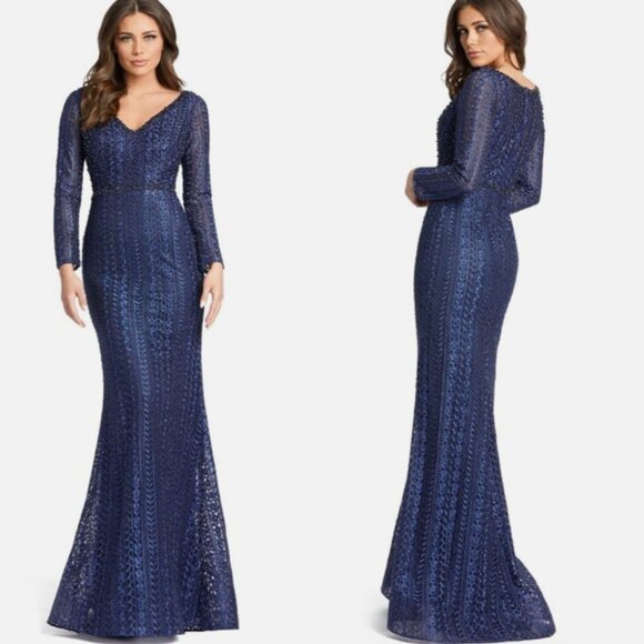 MAC DUGGAL 20271 EMBROIDERED LONG SLEEVE V-NECK TRUMPET MIDNIGHT NAVY GOWN sz 20 - Picture 3 of 3